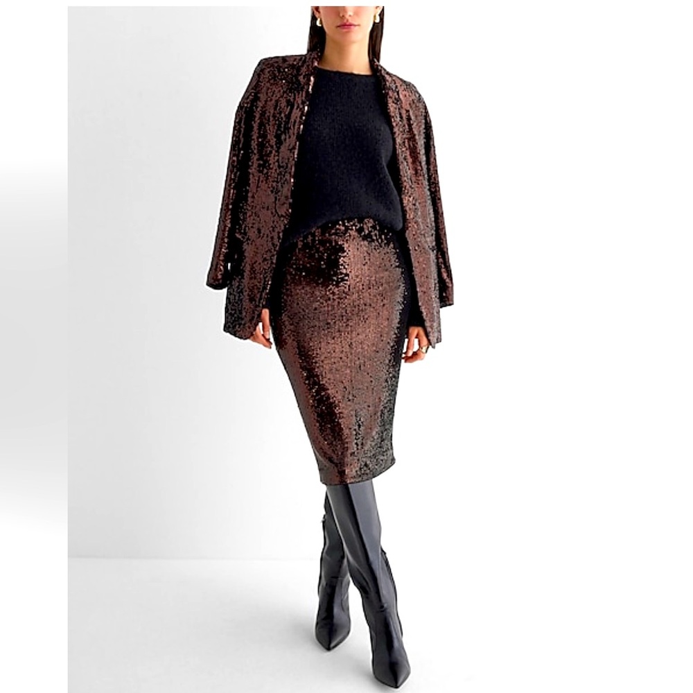 NWT Express XL High Waisted Bronze Midi Sequins Pencil Skirt